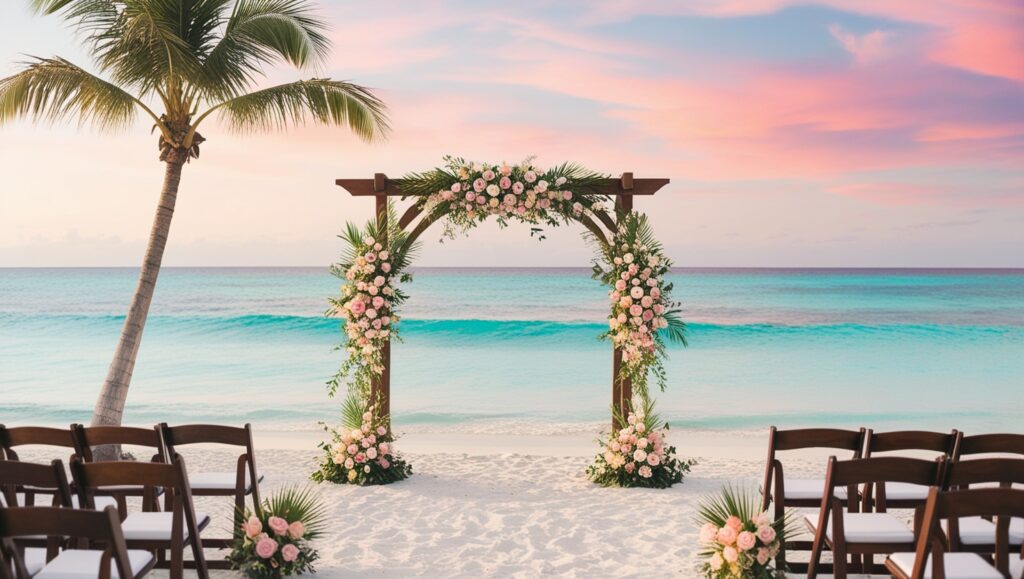 A serene beach destination wedding set against a backdrop of crystal-clear turquoise waters and soft white sand