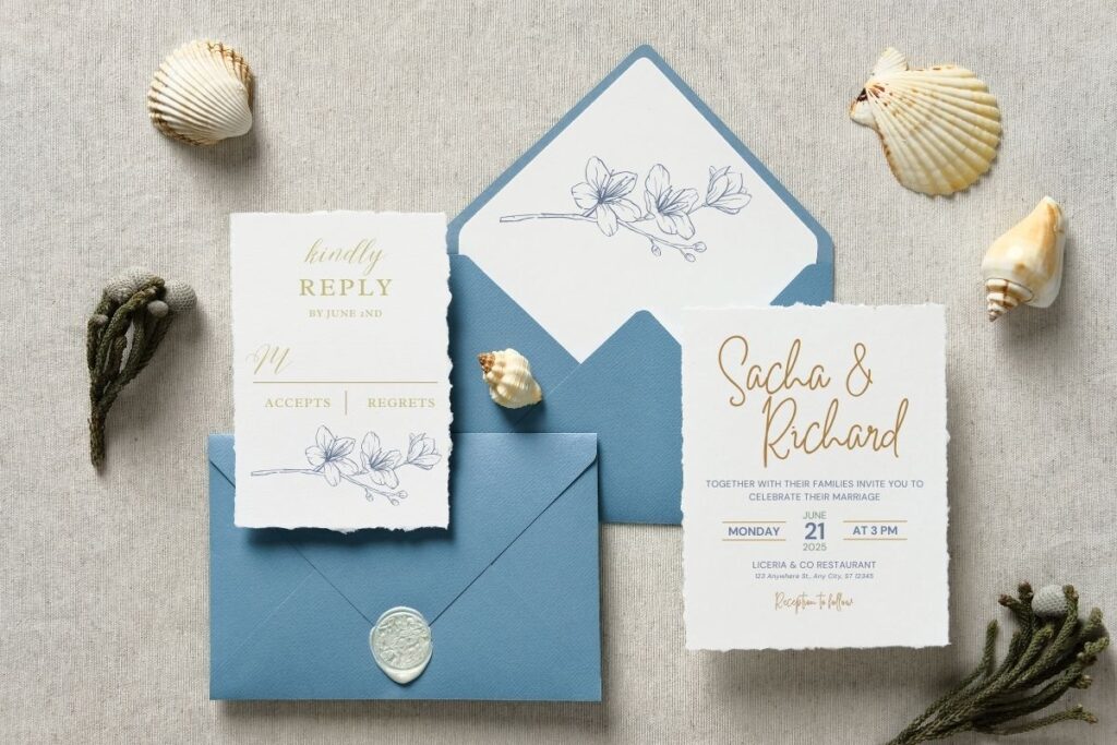 Blue and Gold Beach Wedding Stationery Set